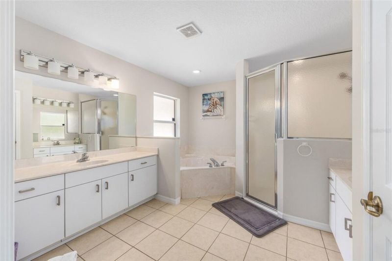 Primary bath vanity, garden tub and glass shower